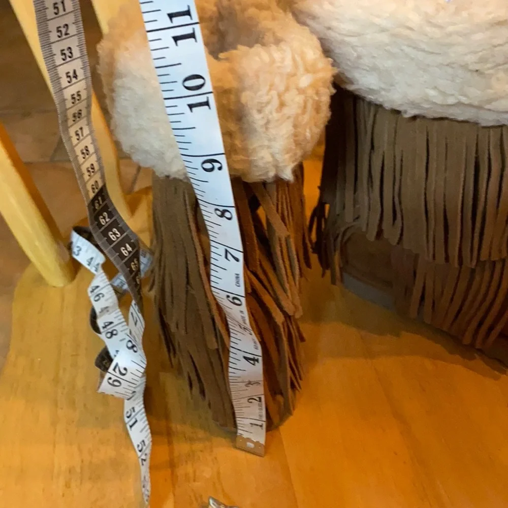 Madden Girl Tan Fringe Winter Boots with Cream Sherpa Cuff